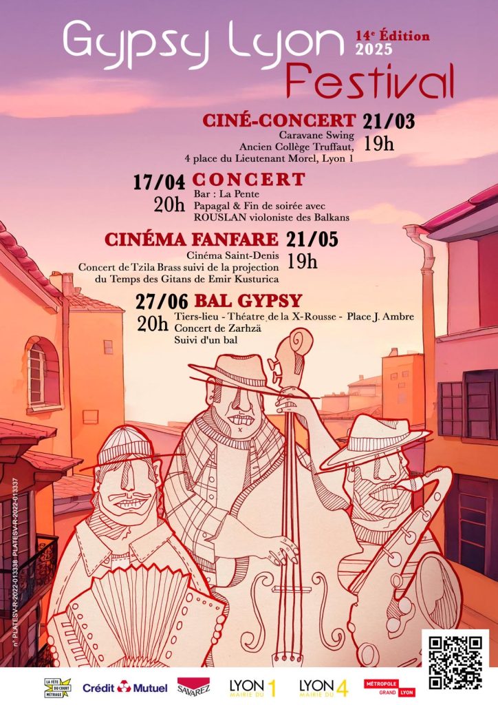 Affiche du festival 2025
Elle montre un groupe de musique dessiné sans couleurs sur un fond de ville biscornue et calme